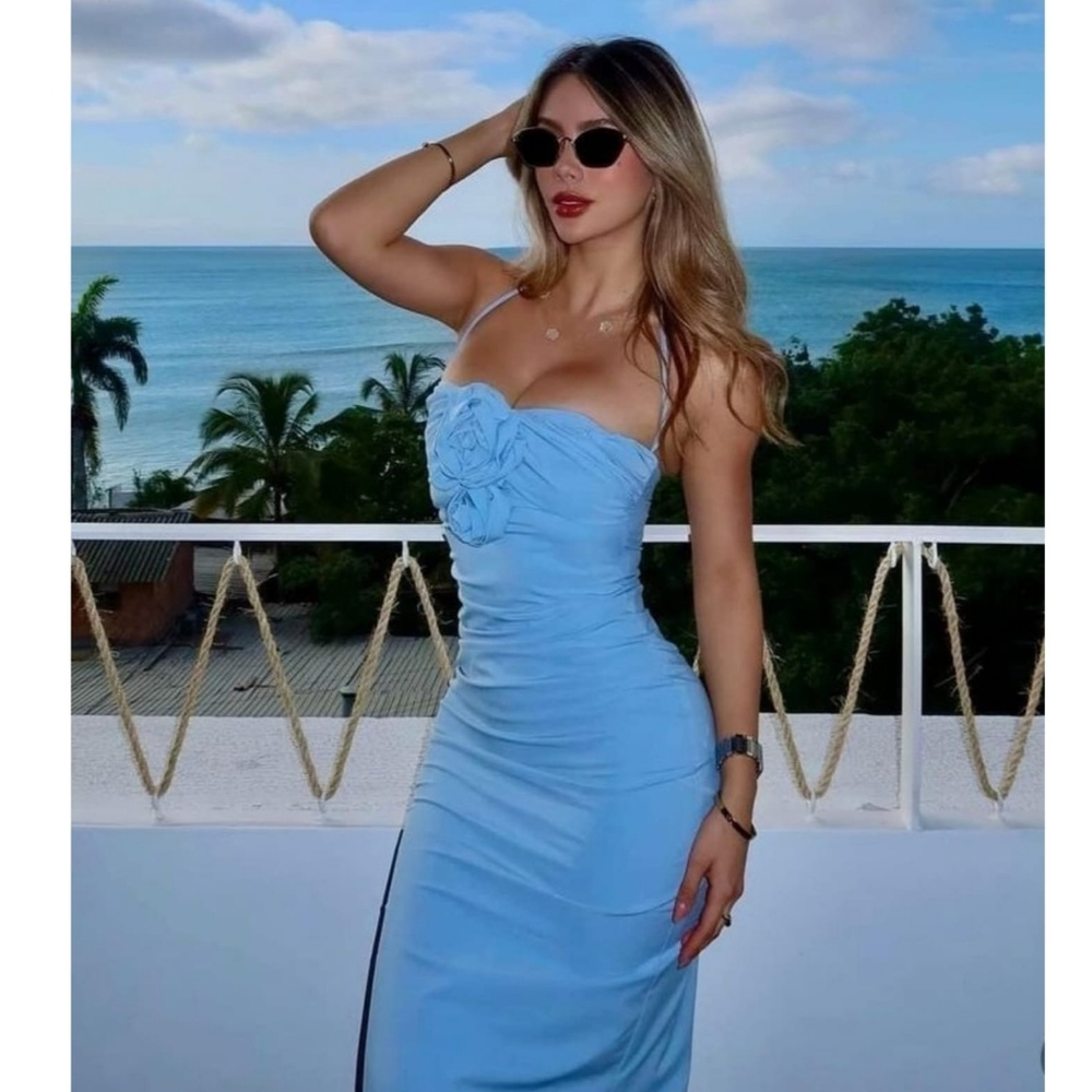 Zara FLOWERS MIDI DRESS BLUE SIZE L XL - Picture 16 of 16